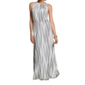Chicos Grey White Chevron Ikat Halter Maxi Dress Blouson Waist Size 1 Medium